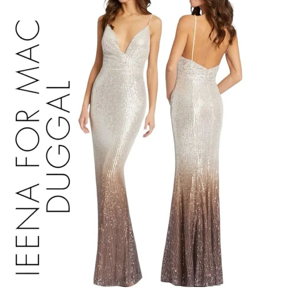 MAC DUGGAL Ieena by MAC Duggal Women’s Plunge Neck Ombré Sequin Gown in Size 0